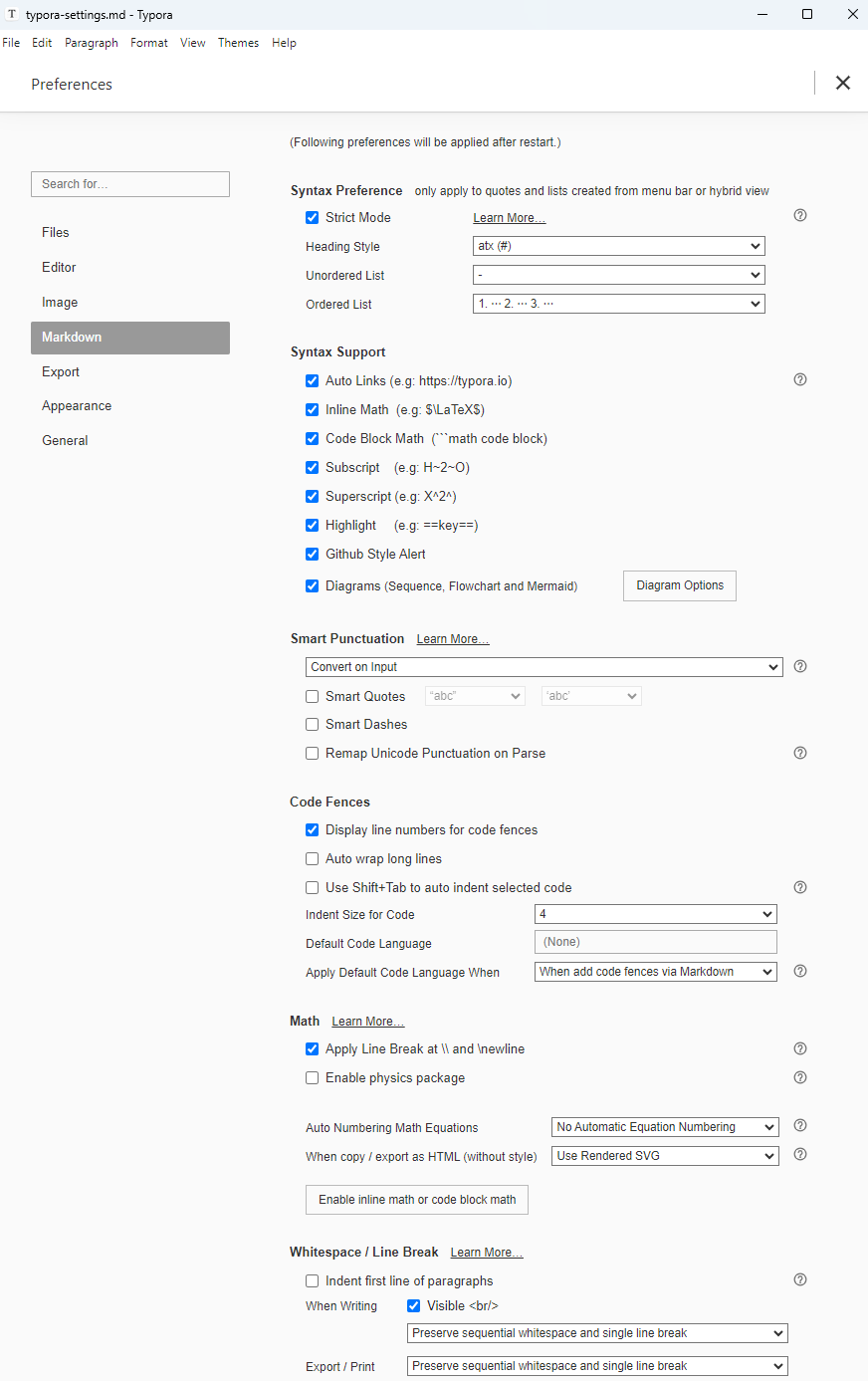 markdown-settings